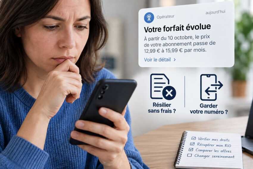 Une femme reçoit un SMS de son opérateur la prévenant que son forfait va évoluer.