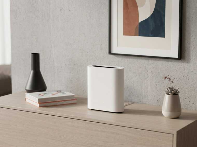 Routeur 5G blanc posé sur un meuble en bois dans un intérieur minimaliste.