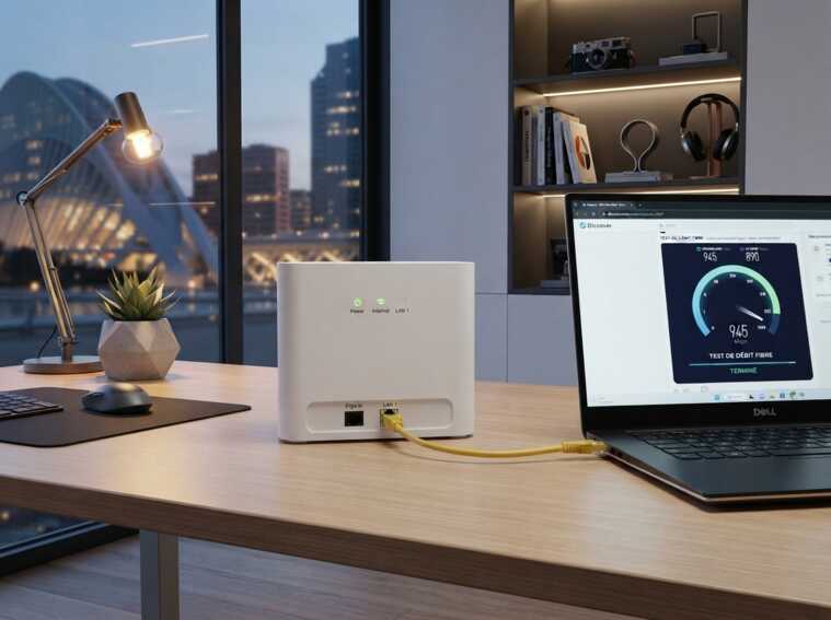 Routeur blanc connecté par câble Ethernet à un ordinateur portable affichant un test de débit fibre sur un bureau.