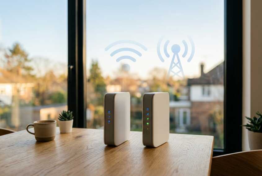 Deux routeurs cellulaires compacts avec voyants LED allumés sur une table en bois devant une fenêtre avec icône Wi-Fi.