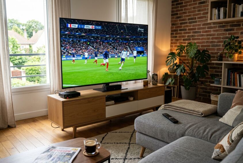 Salon avec téléviseur diffusant un match de football, box internet sur un meuble et télécommande sur le canapé.