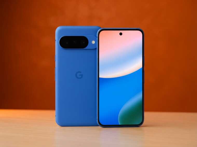 Google Pixel 10 bleu posé sur une surface en bois devant un fond contrasté.