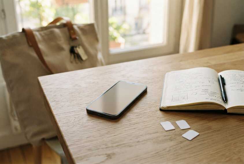 Smartphone, carnet ouvert et trois cartes SIM sur une table en bois dans une pièce lumineuse.