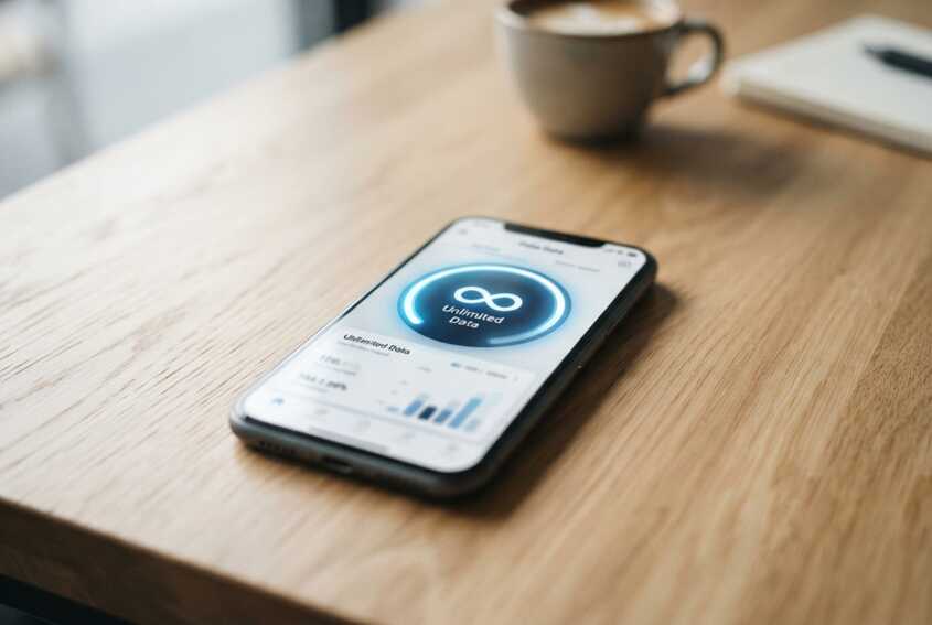 Smartphone posé sur une table en bois affichant une jauge de consommation de données mobile.