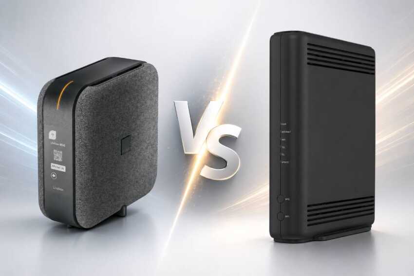 Comparatif de deux box internet, l'une éclairée en rouge et l'autre en orange, séparées par un symbole VS.