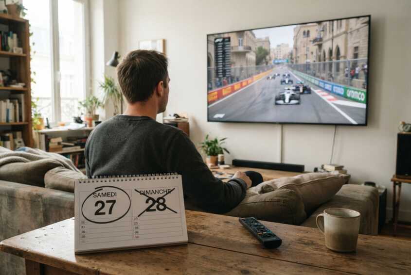 Un spectateur regarde une course de Formule 1 sur une télévision, avec un calendrier marquant un samedi au premier plan.
