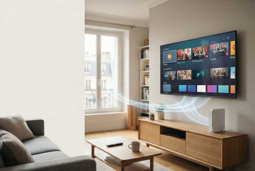 Téléviseur affichant une interface TV connectée sans décodeur, avec une box internet fibre à proximité.