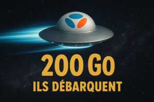 Soucoupe volante avec logo B&YOU et mention "200 Go : ils débarquent", car ce forfait n'est qu'à 6.99€ avec la Box Pure Fibre