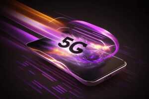Smartphone sur fond noir avec logo 5G en violet, pour forfait pas cher de YouPrice sur le réseau d'Orange