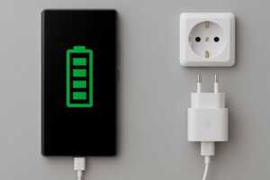 Smartphone avec indicateur de batterie au vert et prise murale, car le Bluetooth 6.1 va améliorer l'autonomie