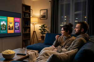 Salon en soirée avec télévision diffusant une grille de cinq vignettes-affiches en dégradés colorés, canapé et bol de pop-corn au premier plan