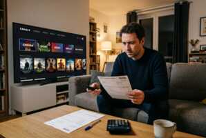 Un abonné regarde une facture et une calculatrice devant un écran de télévision affichant une interface de streaming.