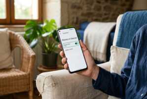 Main tenant un smartphone affichant le menu Appels Wi-Fi activé dans un intérieur de maison de campagne.