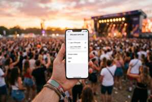 Main tenant un smartphone affichant une activation de ligne eSIM 5G devant une foule de festival en plein air.