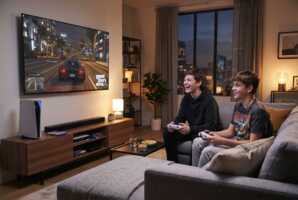 Deux adolescents tiennent des manettes de PlayStation 5 devant un téléviseur affichant le jeu GTA dans un salon.