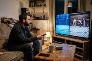 Un amateur de MMA assis devant un téléviseur diffusant deux combats de cage, une télécommande à la main.