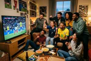 Groupe d'amis assis sur un canapé regardant un match de football à la télévision.