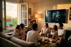 Des amis regardent une série télévisée dans un salon en été.
