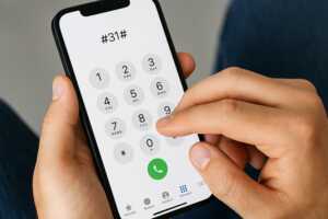 Un homme tape le code pour masquer son numéro d'appel sur un iPhone