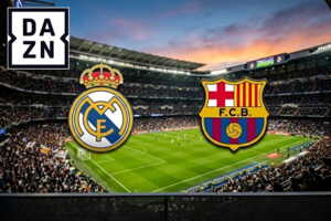 Logos du Real Madrid et du FC Barcelone superposés sur une photographie de stade de football.