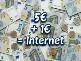 "5€ + 1€ = Internet" sur fond de billets et pièces, car 6€ et le nouveau minimum pour obtenir un peu de données mobile avec son forfait