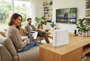 Box internet blanche connectée à un ordinateur, un smartphone et une télévision dans un salon moderne.