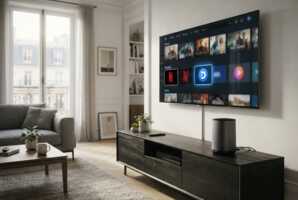Box internet posée sur un meuble sous une télévision affichant une interface de streaming.