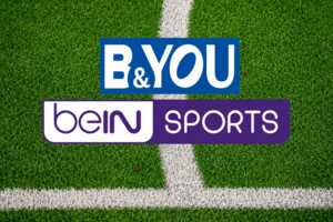 Logos de B&YOU et beIN Sports sur fond de terrain de foot, car nouveau forfait 5G de 170Go avec abonnement beIN inclus, parfait pour la coupe du monde qui va débuter