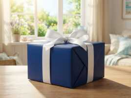 Cadeau bleu sur table, car 1 mois d'abonnement offert chez La Poste Mobile