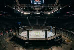 Cage de combat MMA vide avec sol en toile et grillages métalliques.