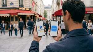 Un homme de dos tient deux smartphones affichant les logos YouPrice et Carrefour Mobile.