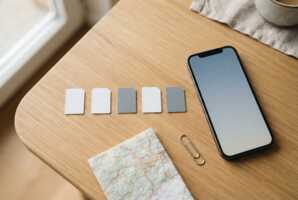 Six cartes SIM, un smartphone sans logo, un trombone et une carte routière sur une table en bois.