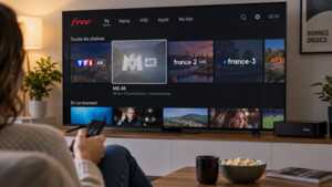 Salon avec téléviseur 4K allumé affichant une chaîne standard, Freebox visible, illustrant l'arrêt du canal M6 4K.