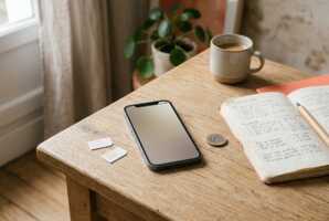 Deux cartes SIM, un smartphone, une pièce d'euro et un carnet sur une table en bois.