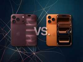 Comparaison de deux modèles d'iPhone avec des coloris différents sur un fond abstrait.