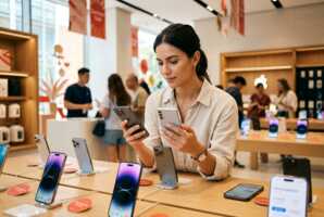 Client examinant des smartphones avec des étiquettes de réduction dans un magasin d'électronique.