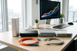 Quatre box internet alignées sur un bureau avec un câble fibre optique et une prise RJ45 en premier plan.