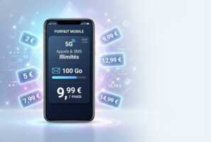 Smartphone affichant des icônes de réseau et de données entouré d'étiquettes de prix pour des forfaits mobiles.
