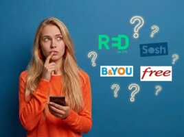 Femme tenant un smartphone entourée des logos RED by SFR, Sosh, B&YOU, Free et des points d'interrogation.