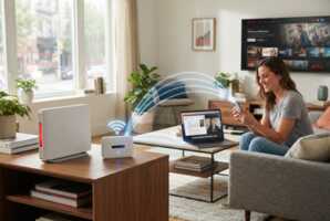 Box fibre avec voyant de panne et boîtier 4G de secours connectant un ordinateur, un smartphone et une télévision.