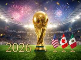 Trophée coupe du monde 2026 sur fond de stade de foot avec drapeaux USA, Canada et Mexique car option Voyage à 30€ chez SFR