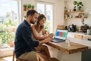 Un homme et une femme consultent des offres internet et mobile sur un ordinateur dans une cuisine.