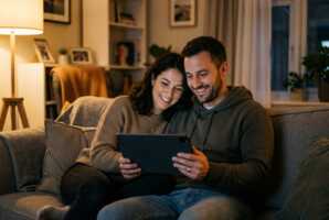 Un couple assis sur un canapé regarde une tablette numérique en souriant dans une pièce à la lumière tamisée.