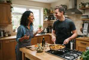 Un couple sourit en discutant dans une cuisine.