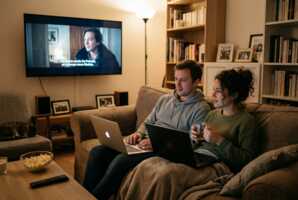 Un couple assis sur un canapé, chacun utilisant un ordinateur portable sur ses genoux devant la télévision.