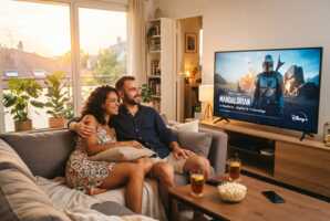 Un couple regarde une série sur Disney+ en été.
