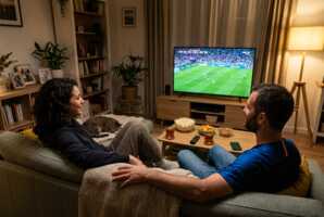 Un couple assis sur un canapé regarde un match de football de la Coupe du monde à la télévision.
