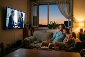 Un couple assis sur un canapé regarde la télévision dans un salon en été.