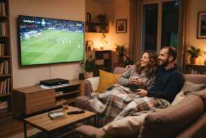 Un couple regarde la télévision sur un canapé avec une télécommande Freebox Ultra.