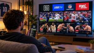 Un homme regarde DAZN à la télévision dans un salon, un smartphone à la main.